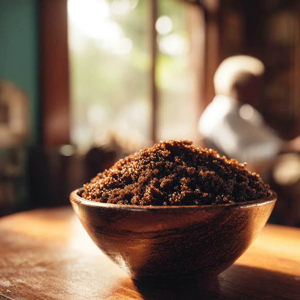 آشنایی با تأثیرات مثبت شکر قهوه ای و متابولیسم بدن 1 کاسه چوبی شکر قهوه ای تیره